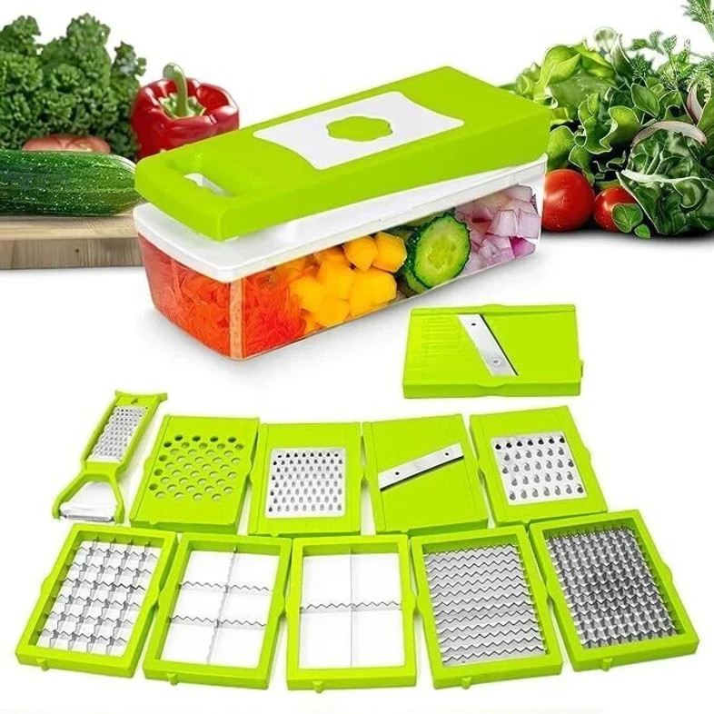 Vegetable and Fruit Chopper Cutter Grater Vegetable & Fruit Slicer New 12 In 1 Vegetable & Fruit Grater & Slicer (10 BLAD, 1 CONTAINER WITH CAP, 1 PEELER)