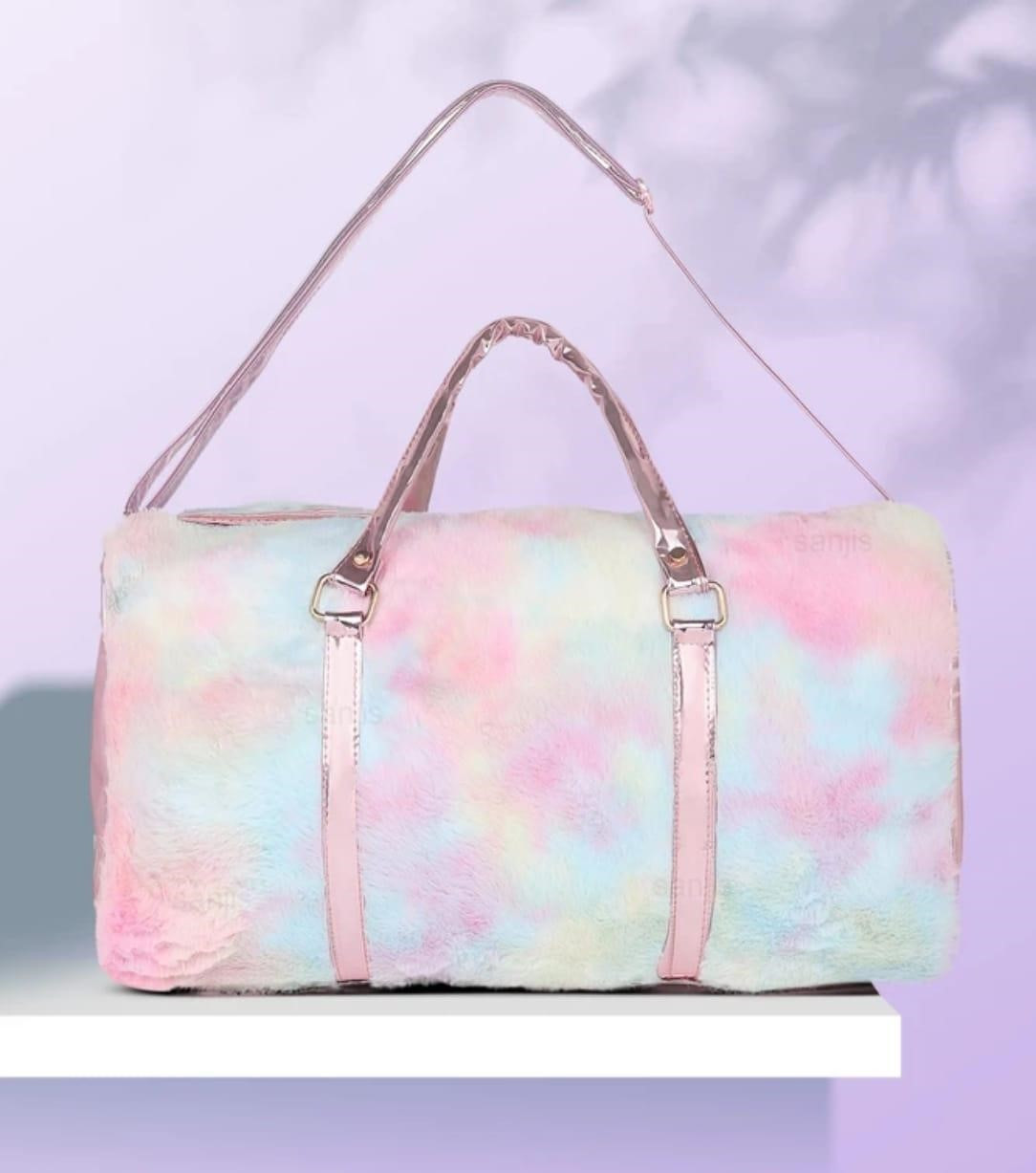 C Hand Duffel Bag - Large Pink cute Laser Duffel Bag Furry Fur Overnight Weekender Travel Purse Fancy Gym Tote Workout Bag for Women - Pink - Regular Capacity