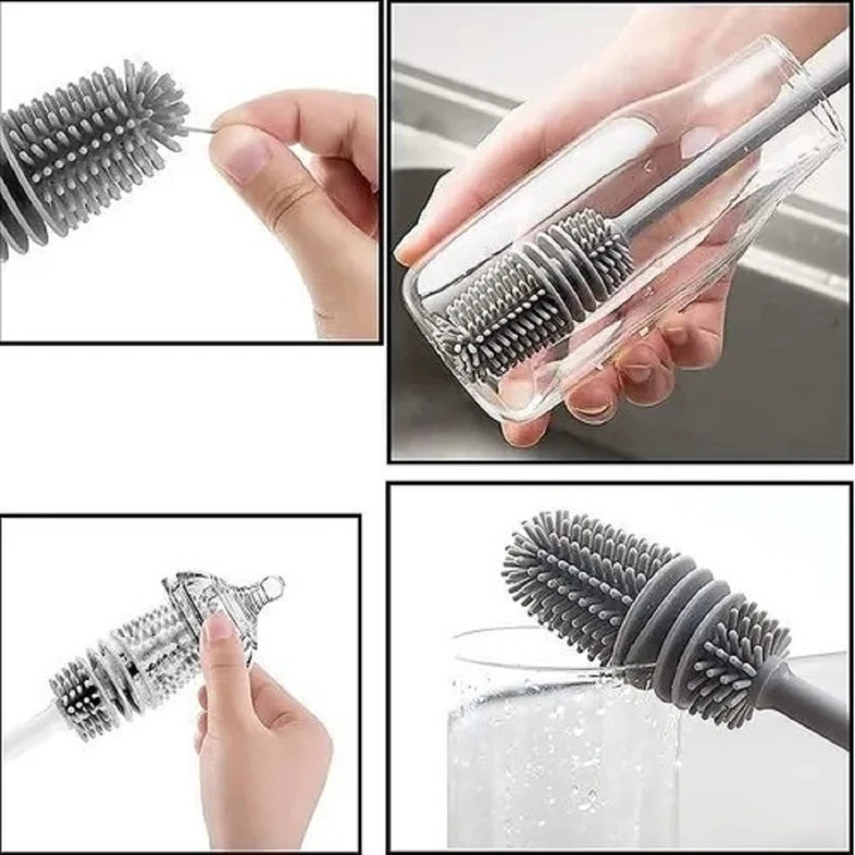 Long Bottle Cleaning Brush for Bottle,Babybottle,Cup,Glass,Kitchen Dish,Utensil Silicone Wet and Dry Brush (Grey)