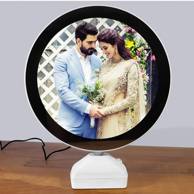Heart Beat Plastic Round Magic Mirror Tabletop Customized Photo Frame (White) For Valentines Day Gifts, Anniversary, Birthday, 25L x 20W Centimeter