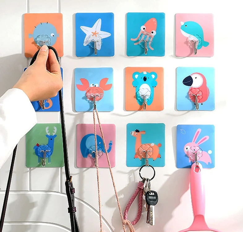 12 Pcs Cute Cartoon Design Self Adhesive Wall Hook Strong Magic Sticky Hangers Hook 1 (Pack of 12)
