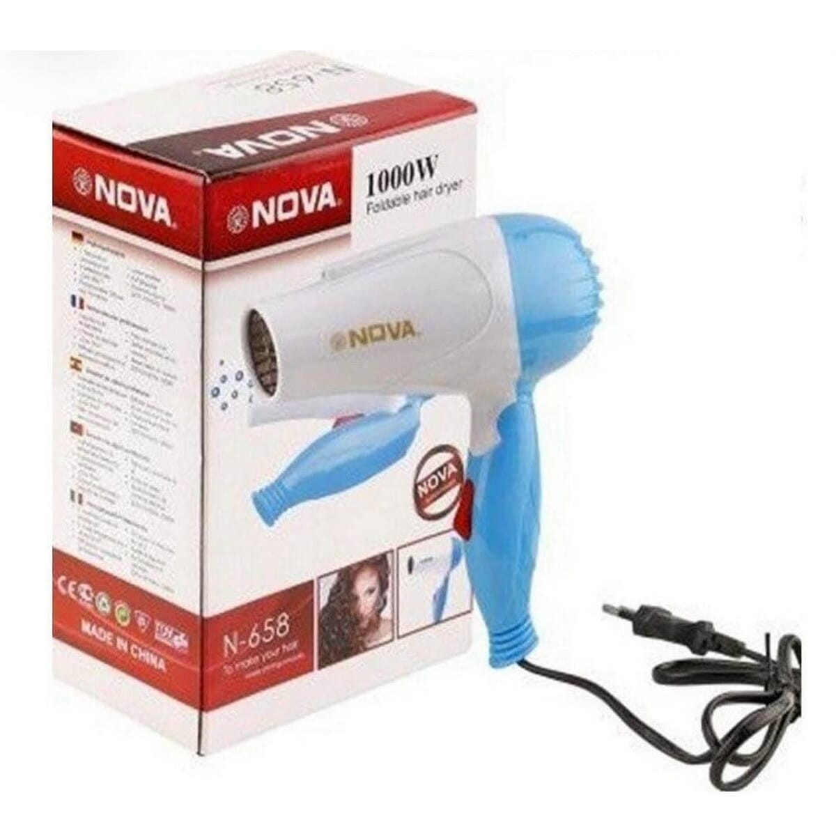 Nova 1000Watt Foldable Hair Dryer with Adjustable Heat Settings, Blue and Pink