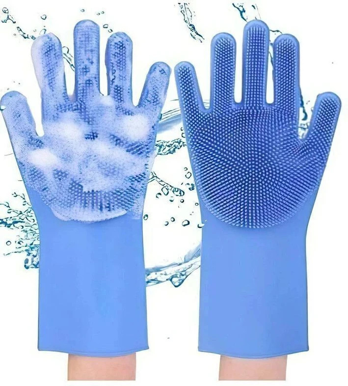 1 Pair Silicone Scrubber Gloves for Kitchen, Bathroom Cleaning & Pet Grooming Wet and Dry Glove (Large)