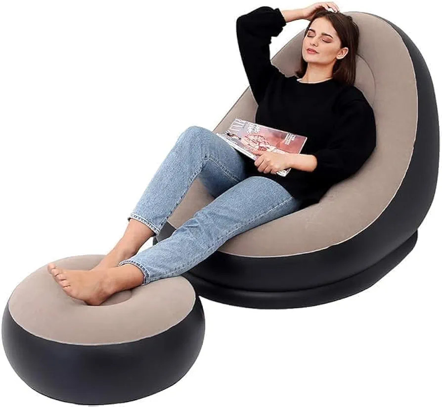 Inflatable Sofa Chair with Footstool, 2-in-1 Outdoor Lounge Bed Set, Portable Recliner with Air Pump, Multicolour