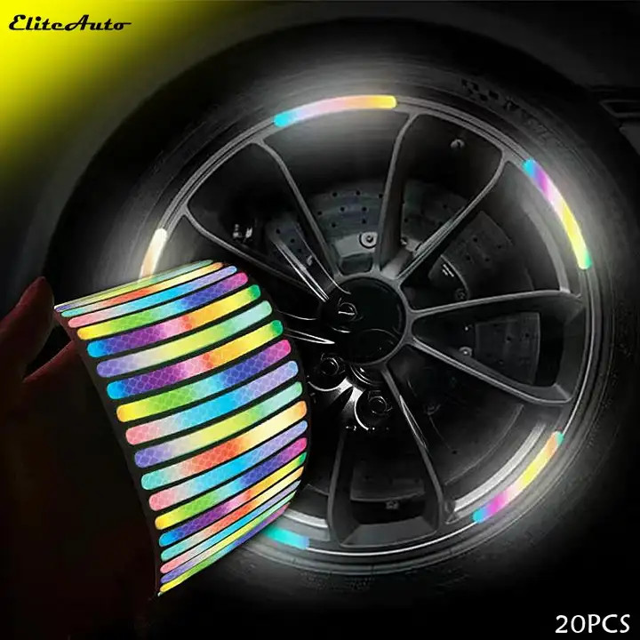 20pcs Reflective Rim Tape Stickers for Car & Bike Wheels I Multicolor Tyre Strips for Night Visibility Waterproof Glow in Dark Wheel Decals – Universal Fit for Rims, Tyres, Spokes