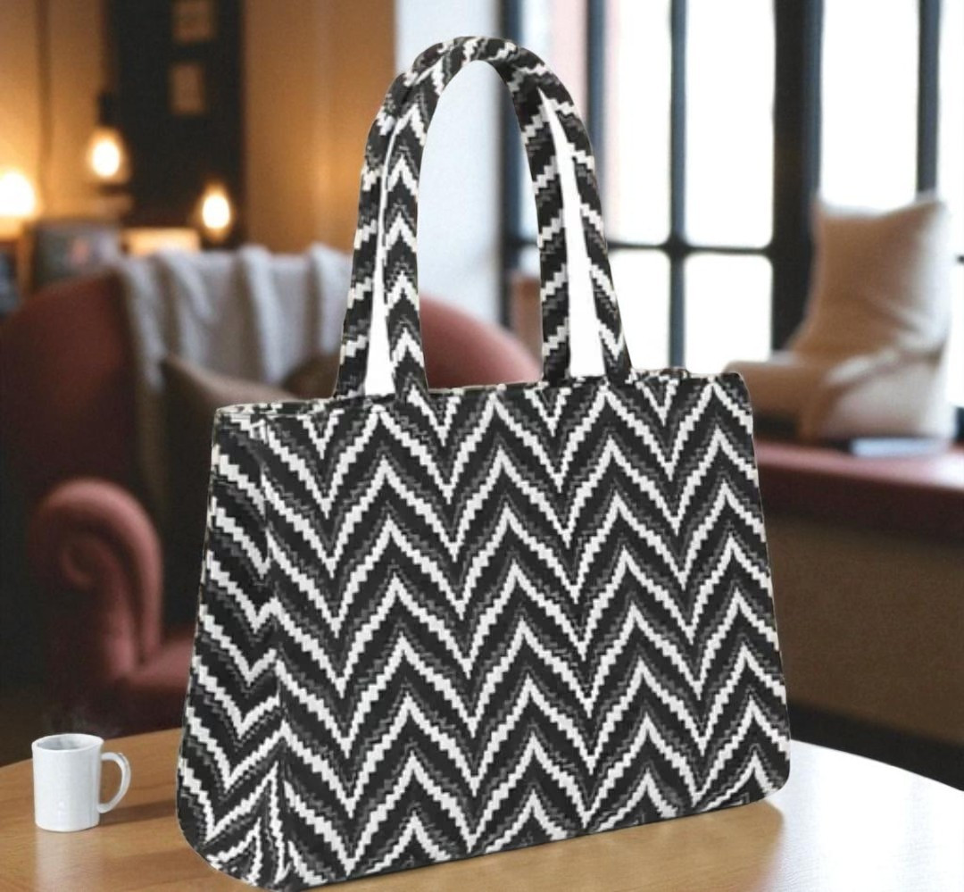 Black And White Stripped Design Women's Bag Ladies Purse Handbag Shoulder Bag Fits upto Laptop Perfect For Work & Daily Use