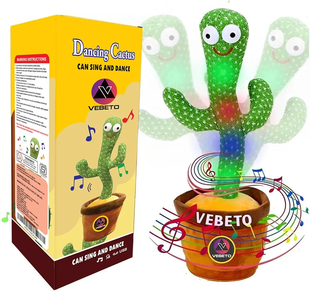 Dancing Cactus Toy for Kids (1 Year Warranty) Talking Singing Children Baby Plush Electronic Toys Voice Recording Repeats What You Say LED Lights