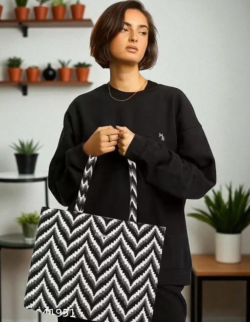 Black And White Stripped Design Women's Bag Ladies Purse Handbag Shoulder Bag Fits upto Laptop Perfect For Work & Daily Use