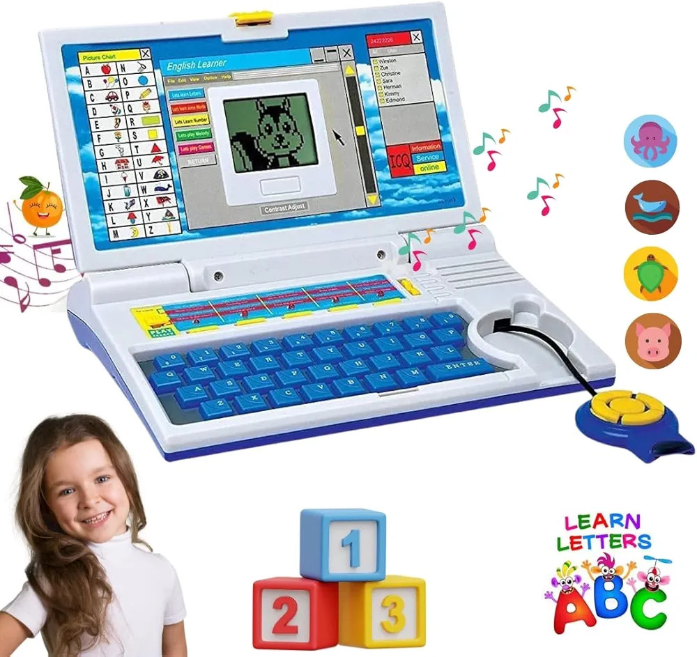 Educational Laptop for Kids (1 Year Warranty) w/ Mouse Games 20 Fun Computer Activity Learning Toy for 2 3 4 5 Years Boys Girls Learn Letters Words Mathematics Music Logic Memory Tool, Blue