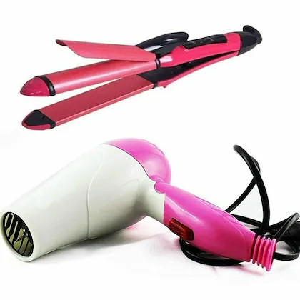 Combo Set of 2in1 Hair Straightener and Hair Curler-2009 + Professional Hair Dryer-1290 for Men and Women.