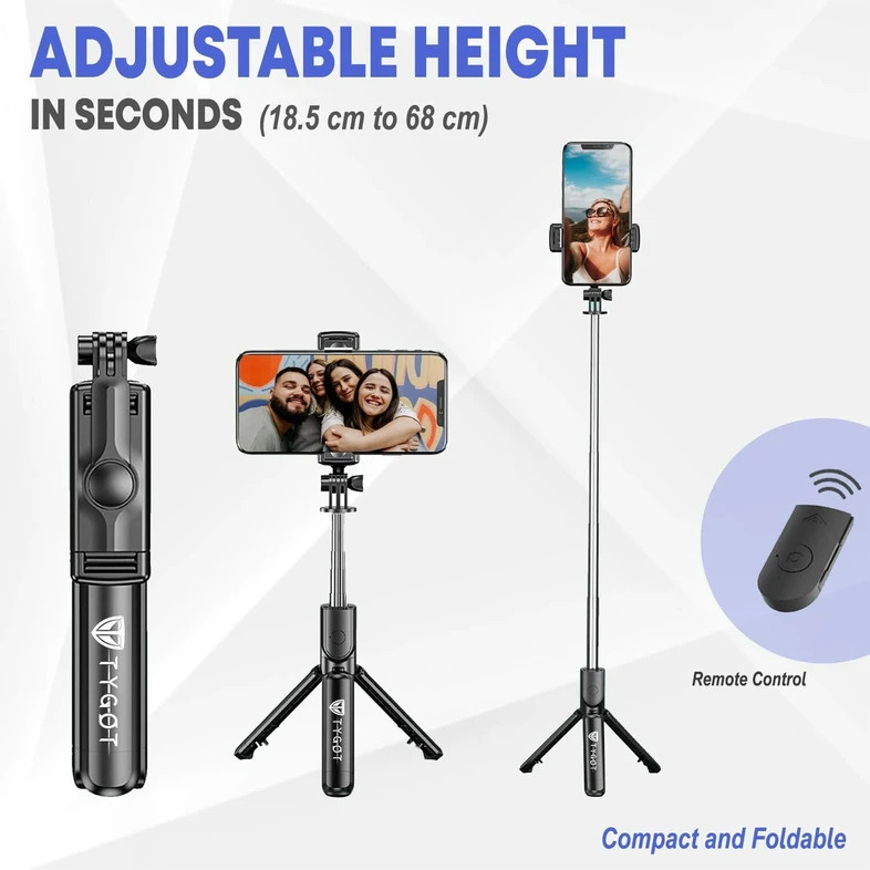 Tygot Tygot Bluetooth Extendable Selfie Stick with Wireless Remote and Tripod Stand – 3-in-1 Multifunctional Selfie Companion Bluetooth Selfie Stick (Black, Remote Included)