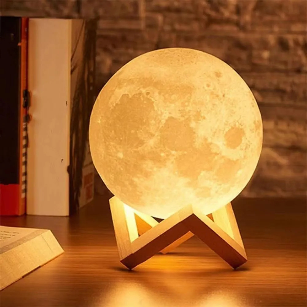 3D Moon Light Lamp Night Lamp with Wooden Stand Touch Sensor for Adult and Kids 7 Color Automatic Changing for Bedroom -15Cm