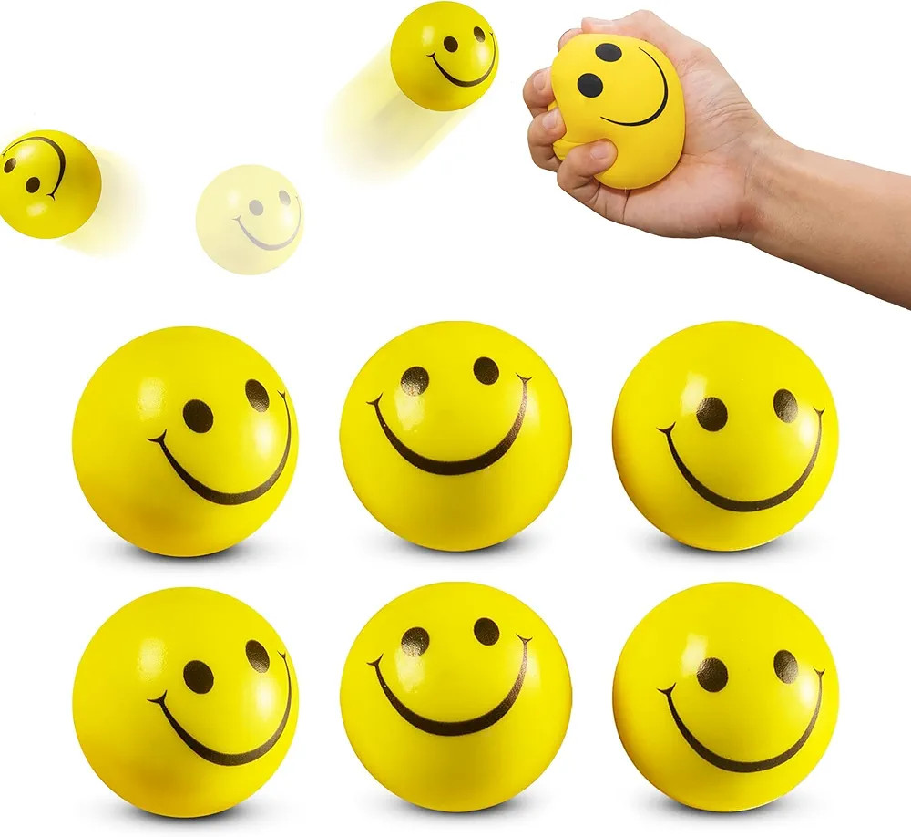 6 Pcs Smiley Squeeze Balls for Kids and Adults, 2 Inch Mini Yellow Fun Happy Face Stress Anxiety Relief Balls, Hand Therapy Sensory Fidget Toy, Classrooms, Game Prize, Party Favor Gift