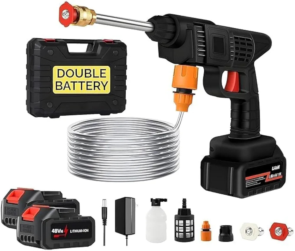(Double Battery) High Pressure Multipurpose Washer Car Washer Cleaning 48V Rechargeable Electric Pressure Washer Gun Adjustable Nozzle and 5M Hose Pipe